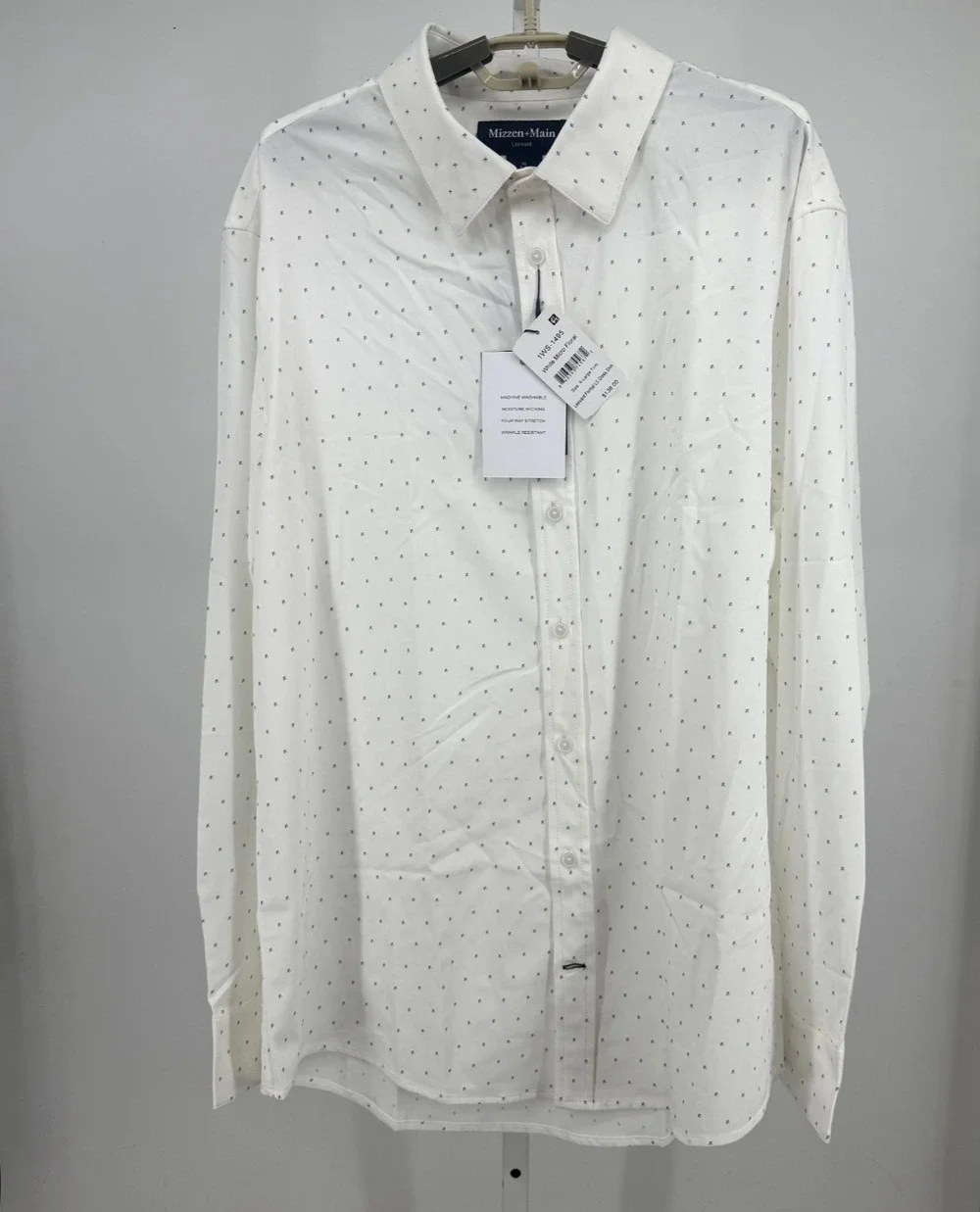 Mizzen Main Leeward Dress Shirt Mens XL Trim White Micro Floral Moisture Wicking